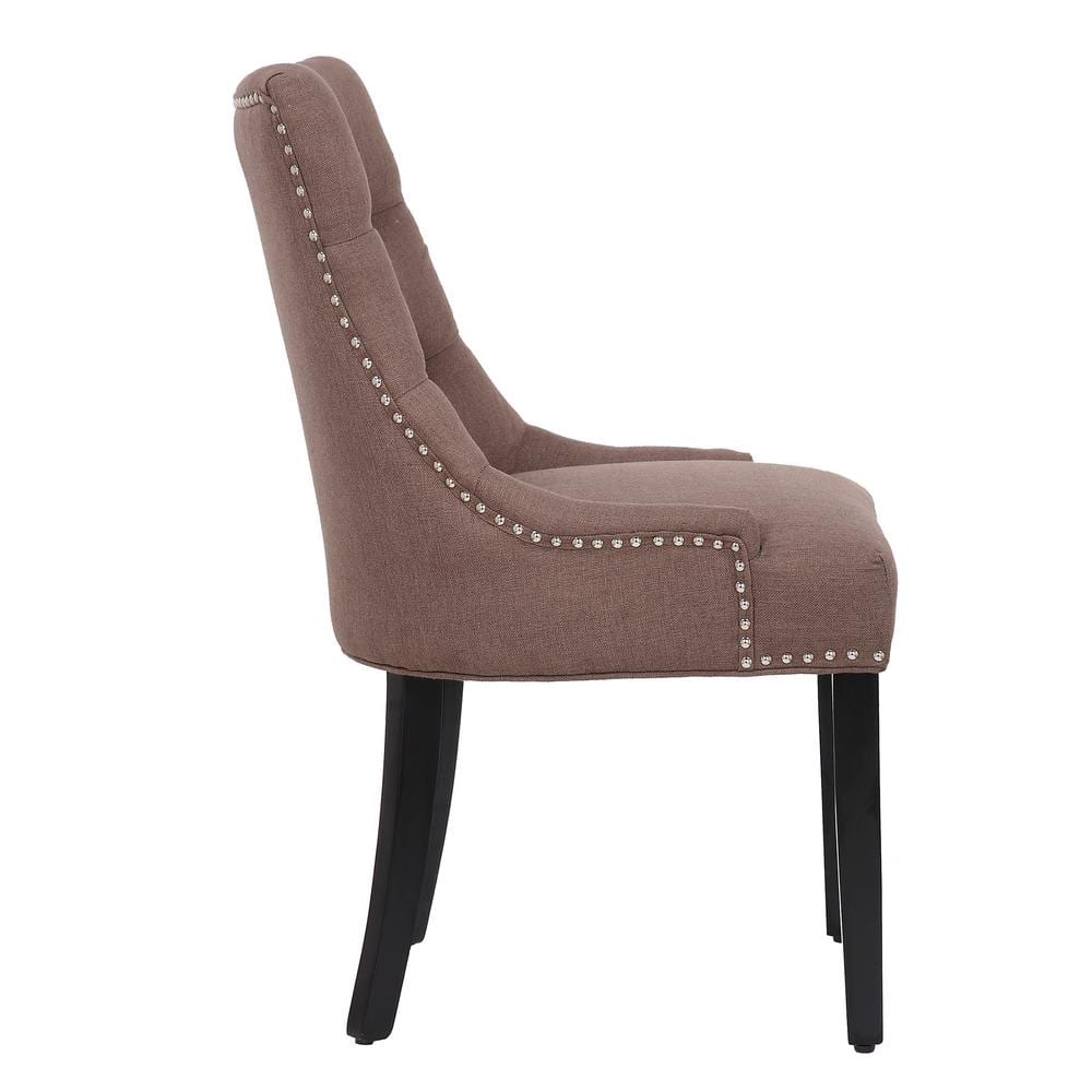 Brown Linen Upholstered Tufted Side Chair with Wood Legs