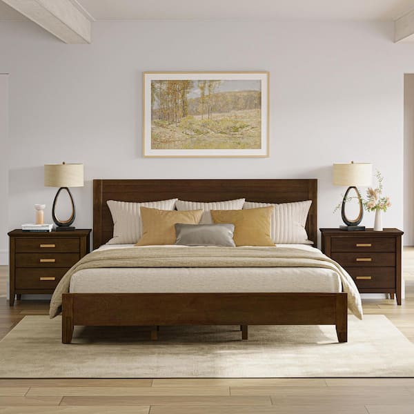 Lessio Dark Brown 3-Drawer 25.8 in W Solid Wood Nightstand Bedside Table with Vintage Brass Handles Set of 2