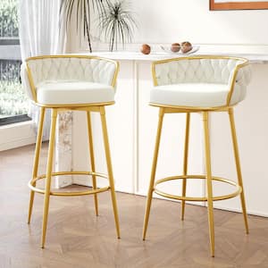 Swivel 180 Degrees 31.5 in. Beige Low Back Metal Bar Stool with Velvet Seat Set of 2, Hand-Woven Backrest