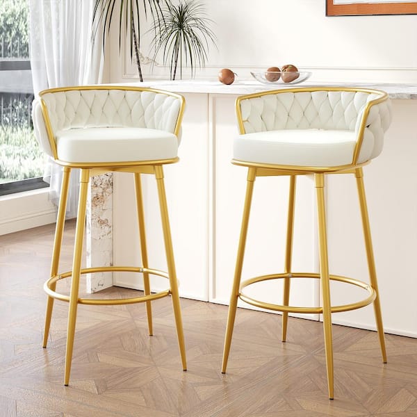 Harper & Bright Designs Swivel 180 Degrees 31.5 in. Beige Low Back Metal Bar Stool with Velvet Seat Set of 2, Hand-Woven Backrest