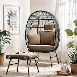 Black Wicker Outdoor Patio Lounge Chair Egg Chair with Ottoman Footrest and Khaki Cushion