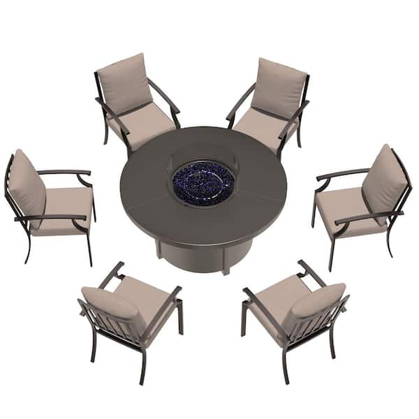 7-Piece Metal Patio Conversation Set with 48 in. Round Fire Pit Table, Glass Wind Guard and 6 Fixed Chairs, Cushion Sand