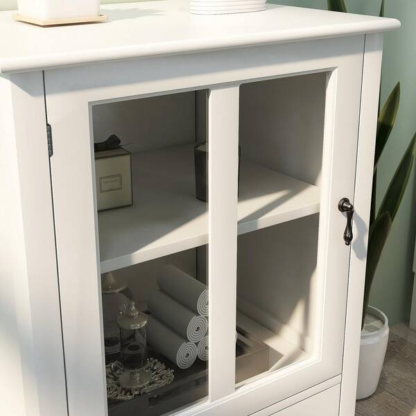22.05 in. W x 14.37 in. D x 31.69 in. H Buffet Storage Cabinet with Single Glass Doors and Unique Bell Handle in White