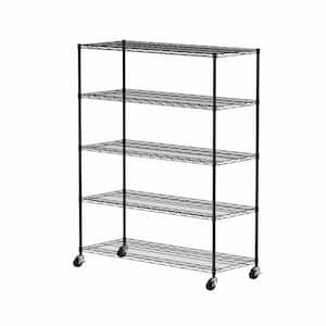 5-layer Steel Black Adjustable Shelves Pantry Organizer with Wheels Adjustable Feet, Each Metal Frame Bearing 300-Pounds