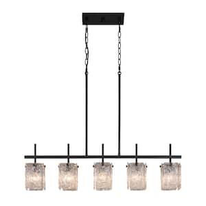 38.25 in. 5-Light Black Linear Glam Island Pendant Light Fixture with Glass Shade