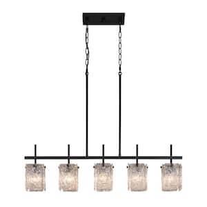 38.25 inch 5-Light Black Linear Glam Island Pendant Light Fixture with Glass Shade