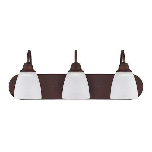 24 in. W x 8.5 in. H x 8 in. E 3-Light Acid Washed Glass Vanity Light in Bronze