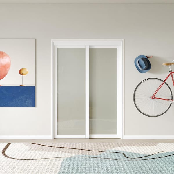 60 in. x 80 in. MDF, White Double Frosted 1 Panel Glass Sliding Door with All Hardware