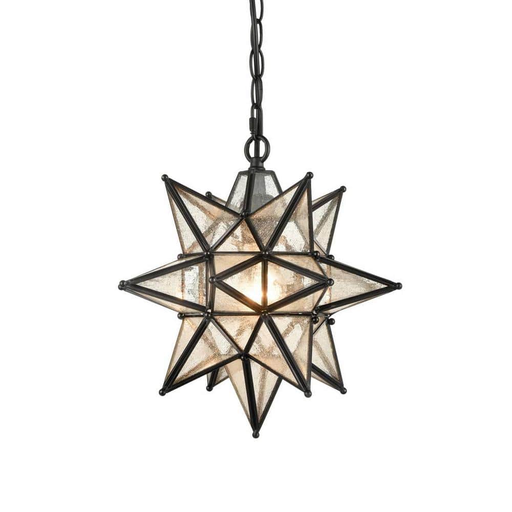 Geometric Black Star Pendant Light with Seeded Glass Shade