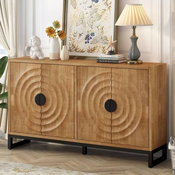 Natural MDF 58 in. Sideboard with Adjustable Shelves Water Wave Design Doors