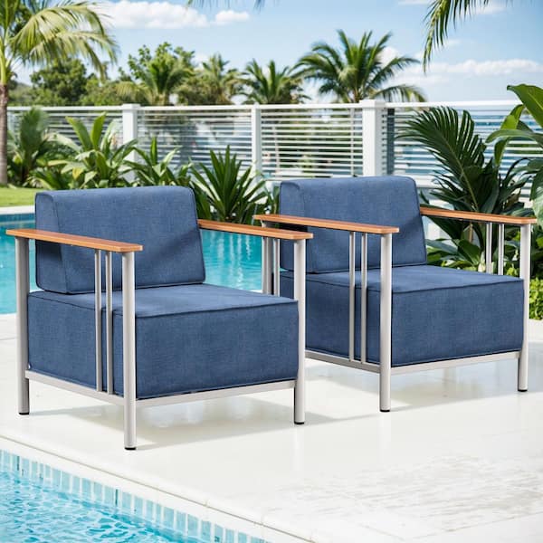 Pocassy Minimalism 2-Piece Patio Metal Outdoor Lounge Chair with Blue Cushions