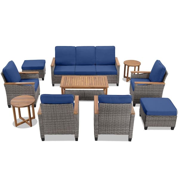 10-Piece Wood and Wicker Patio Conversation Set, 7-Seat Outdoor Sofa Seating Set With Blue Cushions