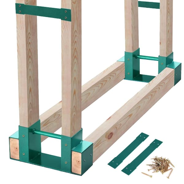 2x4 Firewood Log Storage Rack Bracket Kit, Adjustable Heavy Duty 14GA Steel Wood Holder, Green, 2 Bases