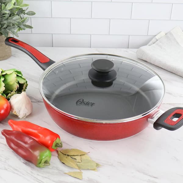 Oster Claybon 3.8 Quart Nonstick Saute Pan With Lid in Speckled Red