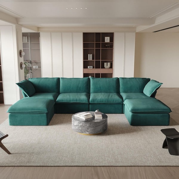 J&E Home 162.98 in. Flared Arm 5-Piece Linen Down-Filled Deep Seat Modular Free Combination Sectional Sofa with Ottoman in. Green