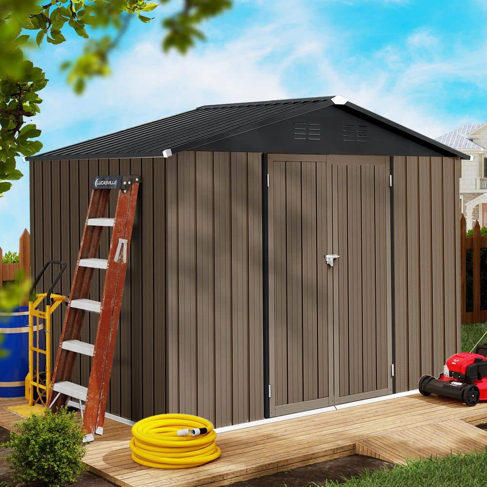 ToolCat 8 ft. D x 6 ft. W Metal Garden Shed, Brown/Black