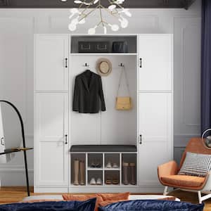 65.4 in. W White Wood Shoe Storage Bench With Door Cabinets, Storage Adjustable Shelves, 3-Double Hooks