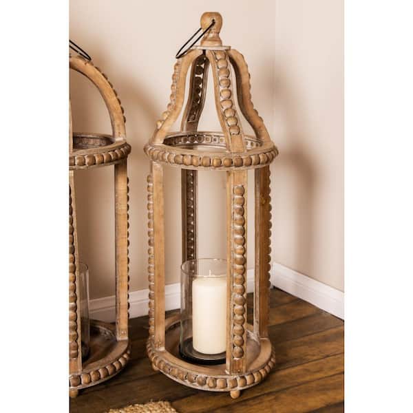 29 in. H Brown Reclaimed Wood Beaded Decorative Candle Lantern