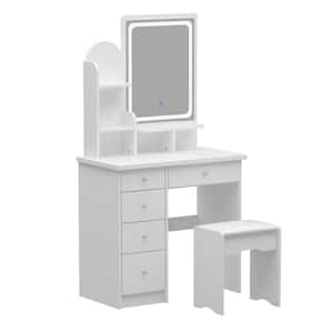 5-Drawers White Wood Dresser Makeup Vanity Sets Dressing Table with Stool, Mirror and 3-Tier Storage Shelves