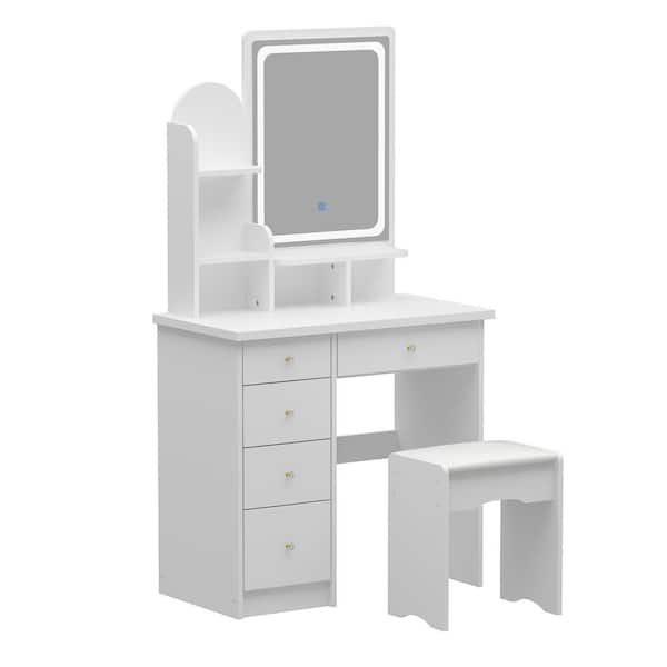 FUFU&GAGA 5-Drawers White Wood Dresser Makeup Vanity Sets Dressing Table with Stool, Mirror and 3-Tier Storage Shelves