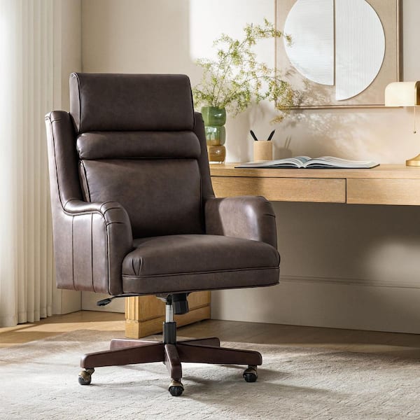Geofredo Chocolate Traditional 42.5 in. H Genuine Leather Swivel Tilting Office Chair with Solid Wood Legs