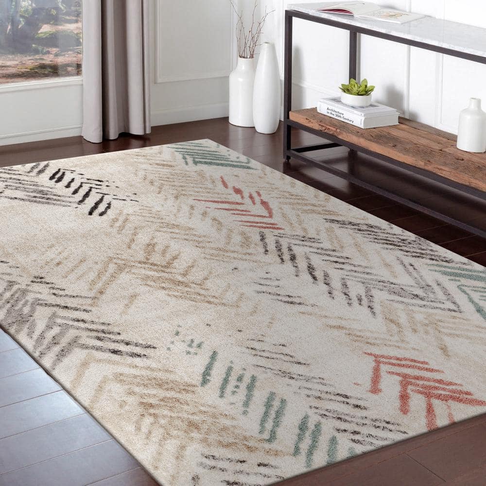 Ivory Multicolored Abstract Arrows Synthetic Area Rug
