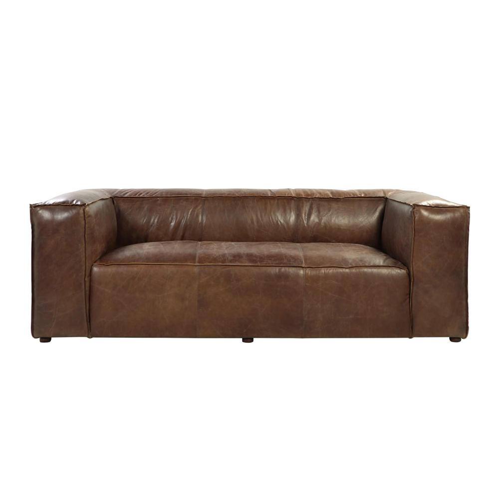 98 in. W Square Arm Leather Straight Sofa in Brown