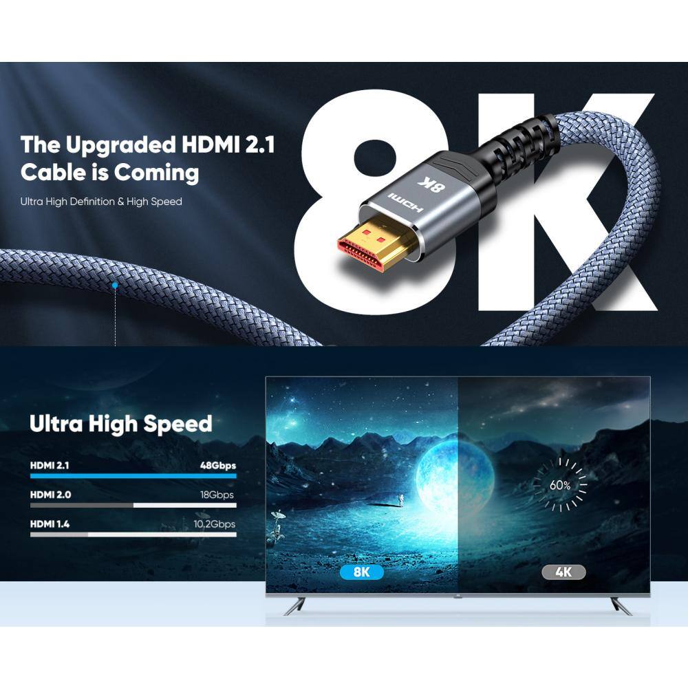 15 ft Gray Braided 8K HDMI Cable with Gold Connectors