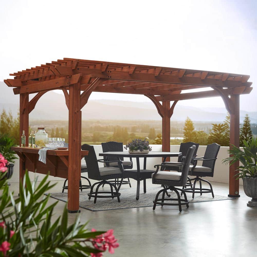 Ashland 14 ft x 10 ft Brown Cedar Wood Outdoor Pergola with Bar