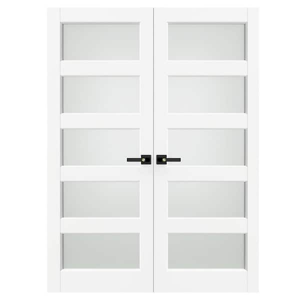 64 in. x 80 in. Solid Wood and MDF, Primed, White, 5 Lite, Frosted Glass Interior Door Slab With Black Lever Handle