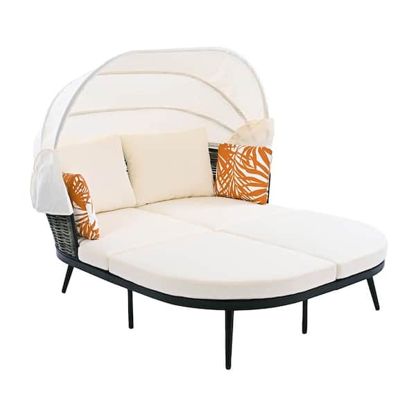 Sudzendf Black PE Wicker Patio Outdoor Day Bed with Beige Cushions, Throw Pillows and Retractable Canopy