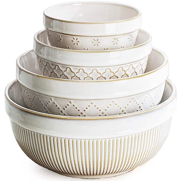 12/26/42/64 fl. oz. Ceramic Stoneware Nesting Bowls Set, Farmhouse Kitchen Versatile Prep Bowls