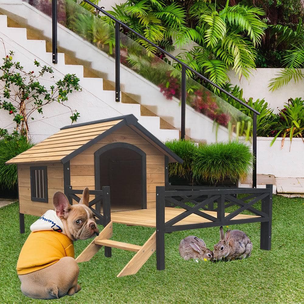 Large Yellow Brown Wooden Cabin Dog House with Porch
