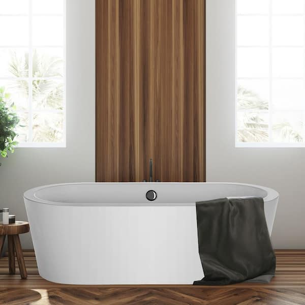Empava 59 in. Freestanding Bathtub Stand Alone Flatbottom Soaking SPA Tub Custom Contemporary Design Acrylic in White