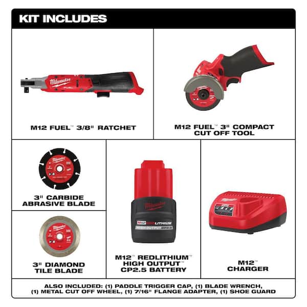 M12 12V Lithium-Ion 3/8 in. Cordless Ratchet Kit with Battery, Charger and Right Angle Die Grinder