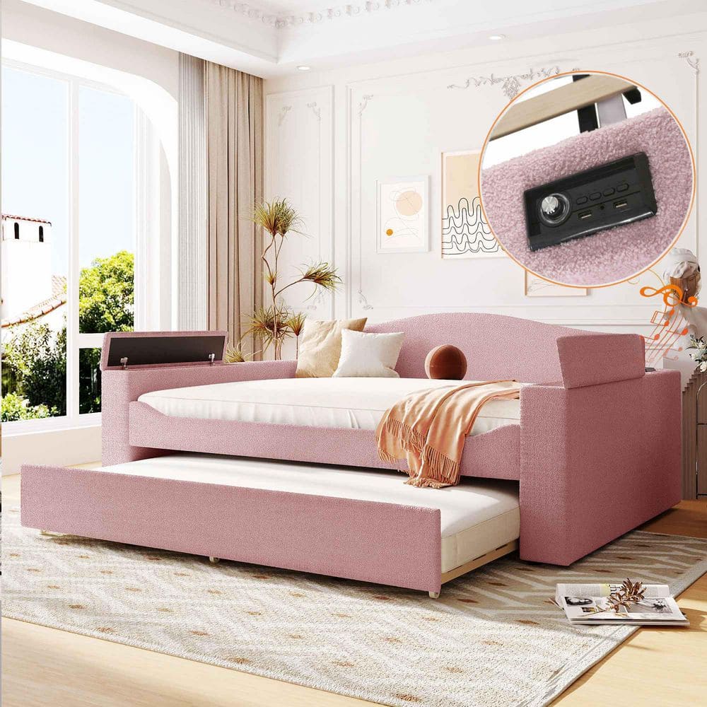 Pink Full Size Daybed with Storage Armrests, Trundle and Bluetooth Audio System, Teddy Fleece