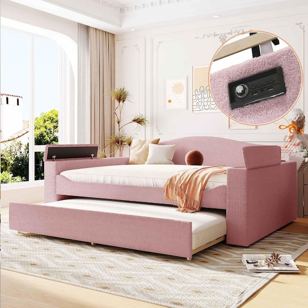 Pink Full Size Daybed with Storage Armrests, Trundle and Bluetooth Audio System, Teddy Fleece