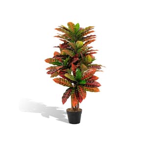 3 ft. Red Artificial Croton Plant Fake Croton Palm Tree with Colorful Variegated Leaves and Pot
