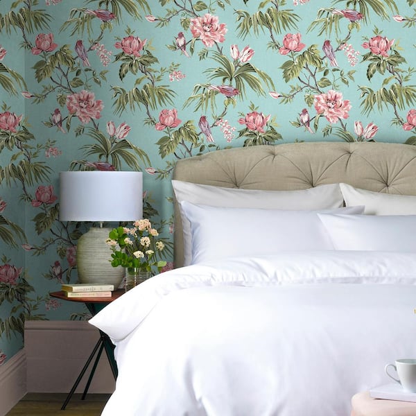 Birds and Blooms Duck Egg Wallpaper