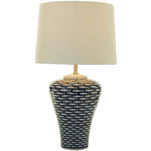 29 in. Dark Blue Ceramic Gourd Style Base Fish Task and Reading Table Lamp with Drum Shade