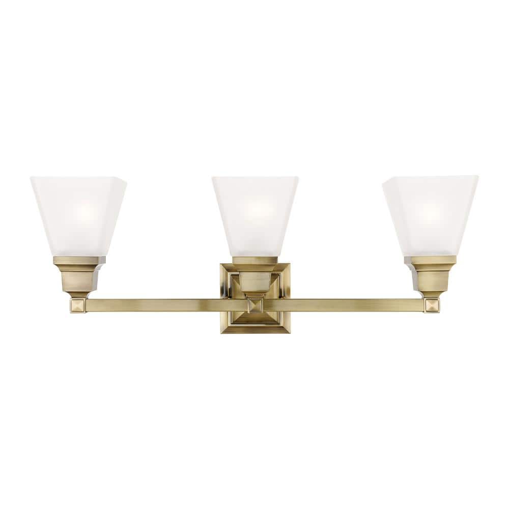 Antique Brass Mission 3-Light Bath Vanity with Satin Glass