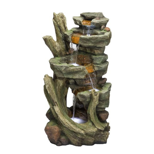 39 in. Tall Outdoor Multi-Tier Cascading Stone Tower Waterfall Fountain with LED Lights