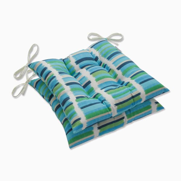 Pillow Perfect Striped 19 in. x 18.5 in. Outdoor Dining Chair Cushion in Blue/Green Solar (Set of 2)