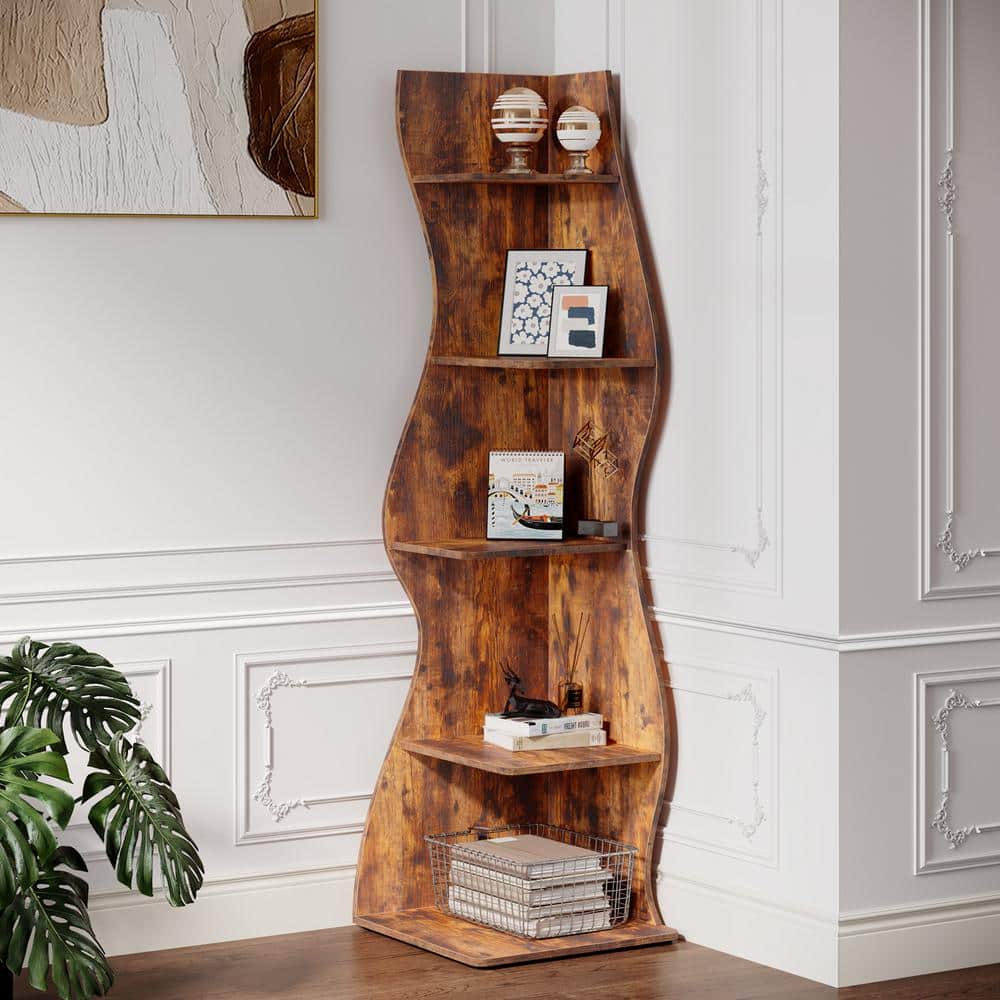 BYBLIGHT Eulas 69.8 in. Tall Brown Engineered Wood 5-Shelf Standard Bookcase Bookshelf Corner Shelf for Living Room BB-J0277JF - The Home Depot