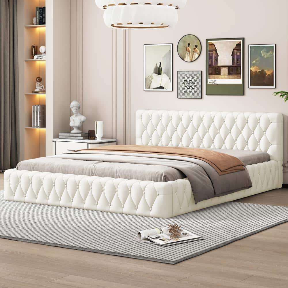 Beige Wood Frame Queen Velvet Upholstered Platform Bed Floor Bed with Luxurious Diamond Grid Headboard -  Harper & Bright Designs, NT087AAA