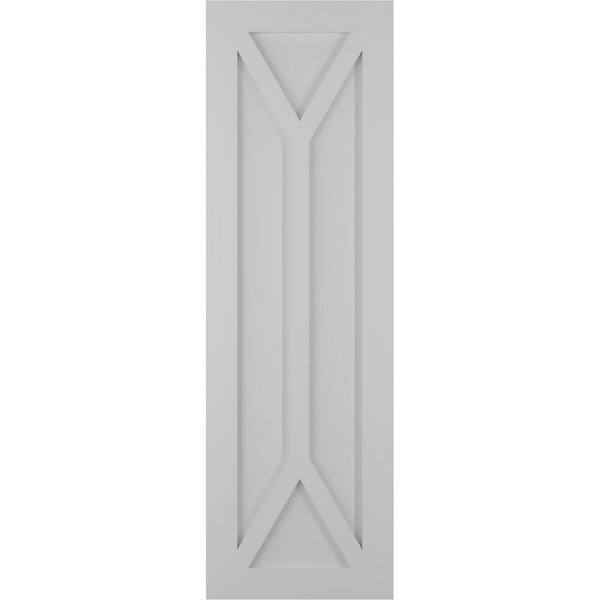 Ekena Millwork 15 in. x 69 in. PVC True Fit San Carlos Mission Style Fixed Mount Flat Panel Shutters Pair in Hailstorm Gray