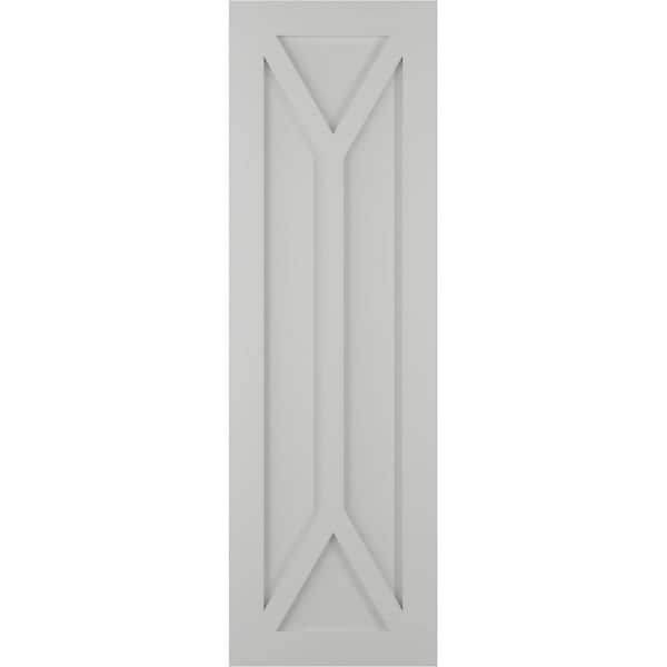 Ekena Millwork 15 in. x 80 in. PVC True Fit San Carlos Mission Style Fixed Mount Flat Panel Shutters Pair in Hailstorm Gray