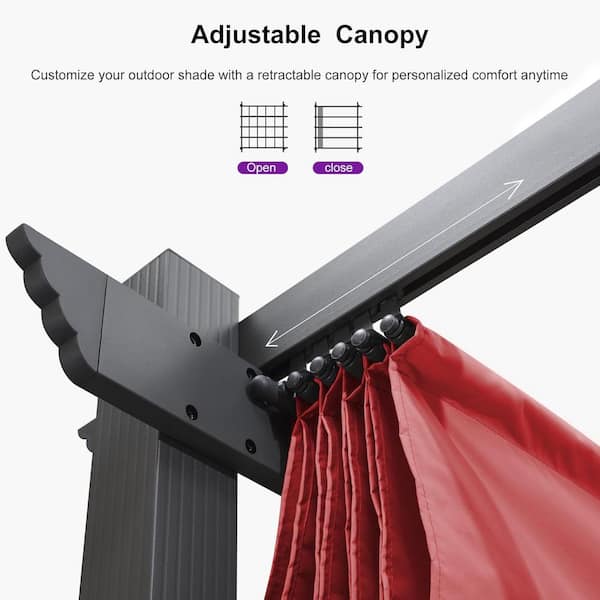 10 ft. x 12 ft. Gray Aluminum Frame Morden Pergola with Red Retractable Sun Shade Canopy and String Lights for Garden