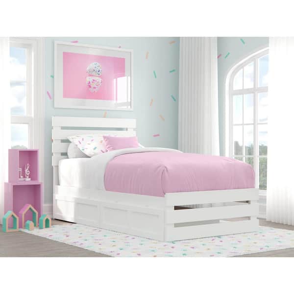 AFI Oxford White Twin Solid Wood Storage Platform Bed with Footboard and USB Turbo Charger with 2 Drawers