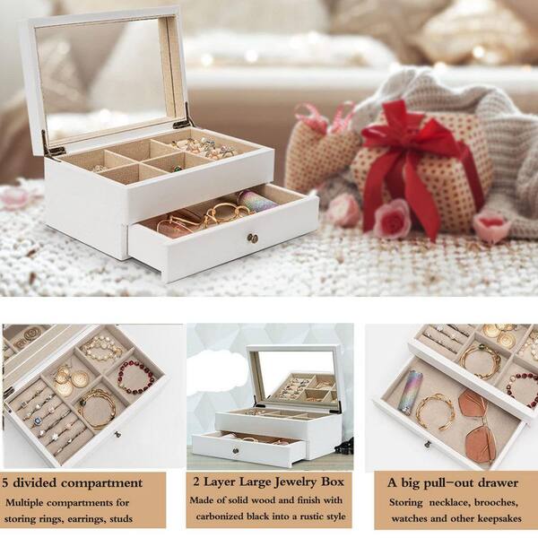 White 2 Layer Rectangular Rustic Wooden Jewelry Box with Mirror